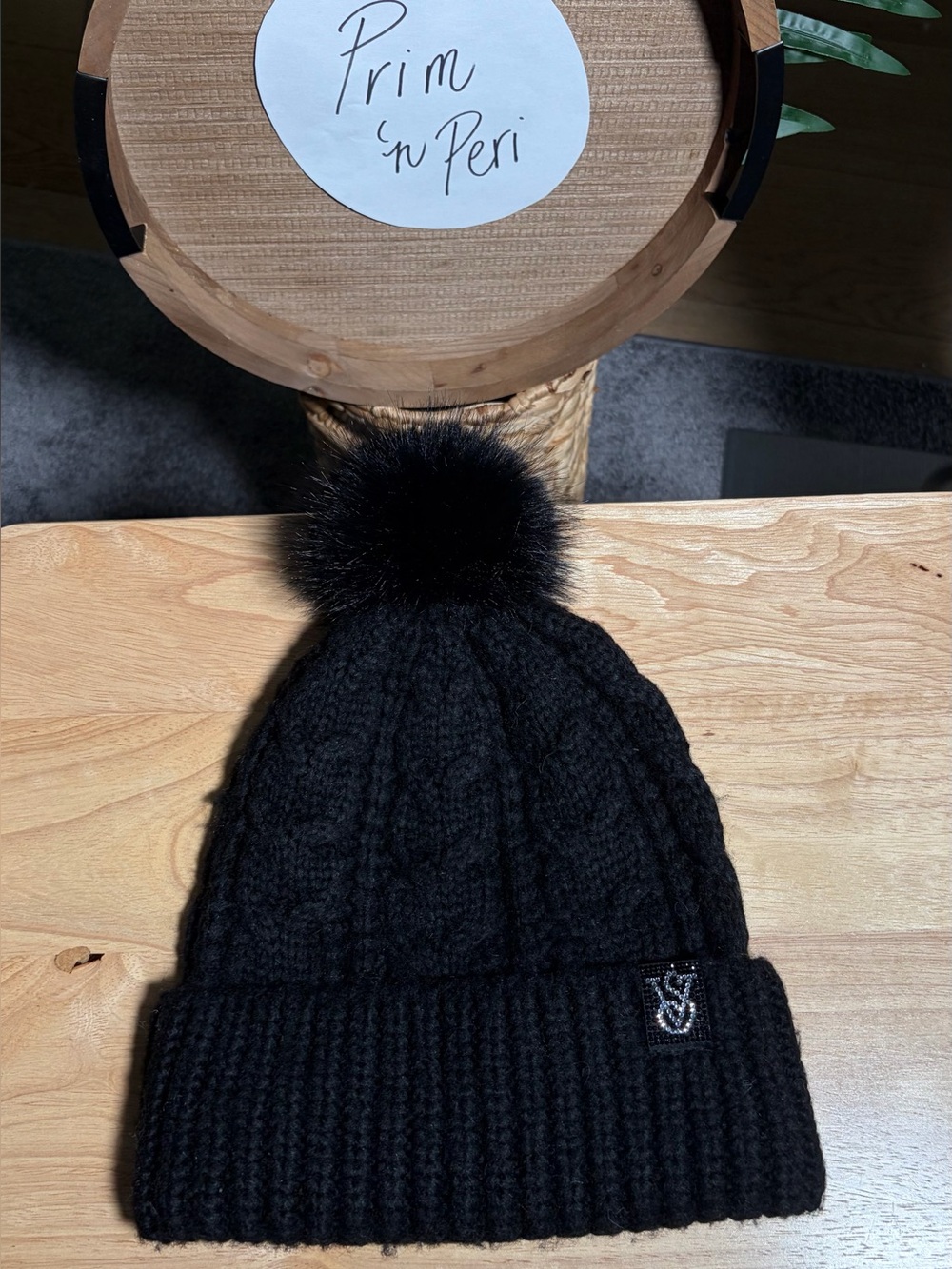 Victoria’s Secret - Black Knit Rhinestone “VS” Pom-Pom Beanie